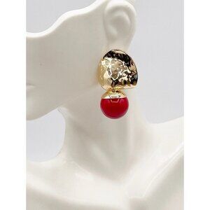 Gold Tone Red Drop Earrings Lever Back Hinged Post Modern Statement